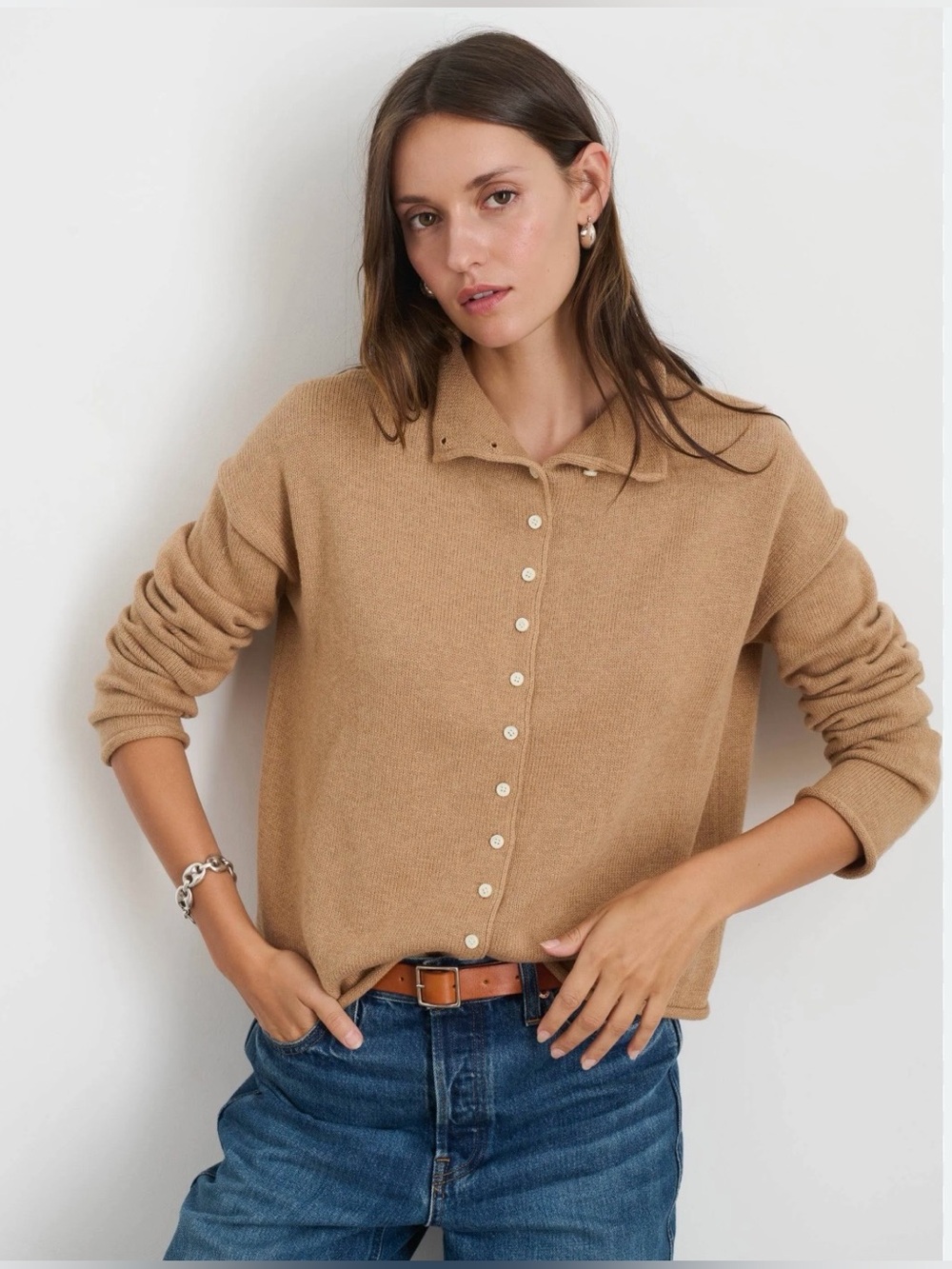 Alex Mill Taylor Roll Neck Cardigan in Camel size XL